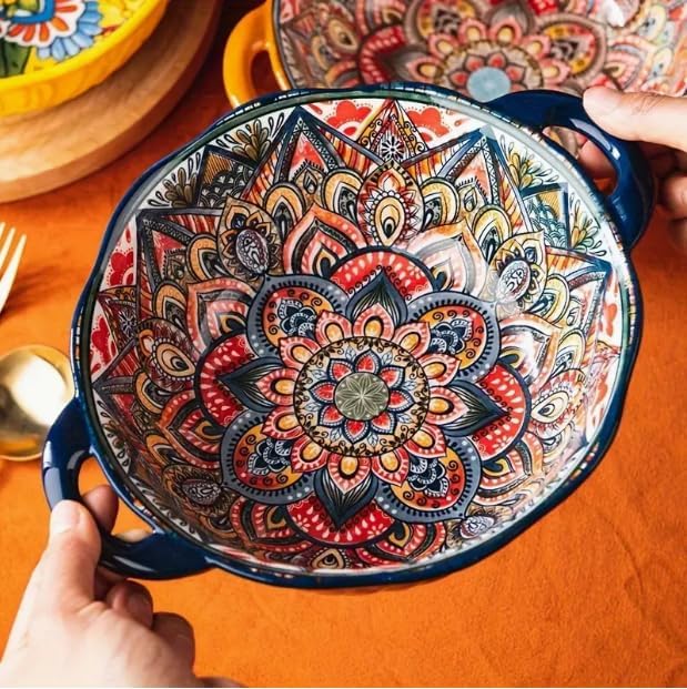 Ceramic Large Soup Bowl with Double Handle 9.5 inch Set of 4,32 oz Embossed Bowl Set for Salad, Oatmeal, Dessert, Pasta, Stew, Dishwasher & Microwave Safe - Colorful