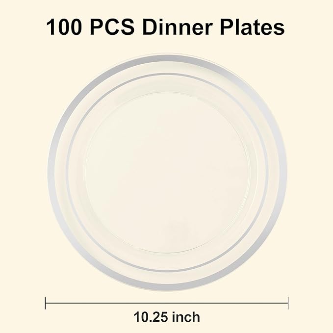 BESTSTAR 100PCS Clear Plastic Plates for Party, 10.25 Inch Disposable Plates with Silver Rim, Heavy Duty Dinner Plates for Christmas, Wedding and Birthday