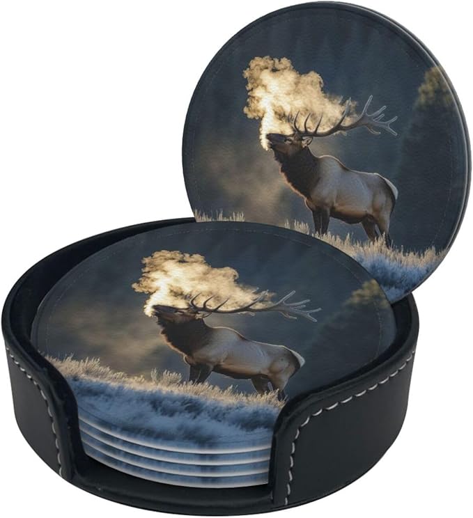 Majestic elk steam Printed Leather Coasters for Drinks, Set of 6 Drink Coaster Dining Room Decor Cup Coasters
