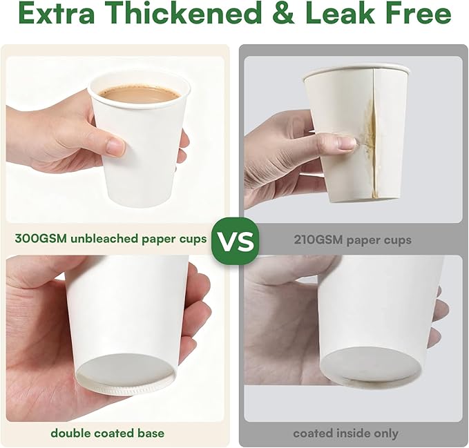 Paper Cups 8 oz White Disposable Coffee Cups,100 Pack BPA Free Leak Proof Hot Cups, 300GSM Thickened Disposable Cups, Unbleached Small Drink Cups for Everyday Use Office Party Cafe Supply Essentials