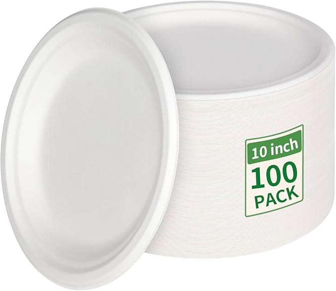 Aricsen 100 Pack 10 Inch Compostable Disposable Round Paper Plates, Natural White Biodegradable Sugarcane Bagasse PFAS-Free Eco-Friendly Dinner Plates for Party Wedding Picnic BBQ (100, 10 INCH)
