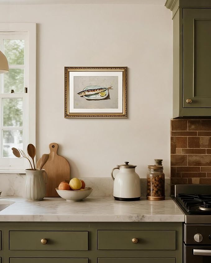 InSimSea Gold Framed Wall Art, Roasted Sardine Lemon Vintage Kitchen Wall Decor, Still Life Canvas Print Art, Dining Room Farmhouse Decor, Antique Paintings with Picture Frame 13x16inch