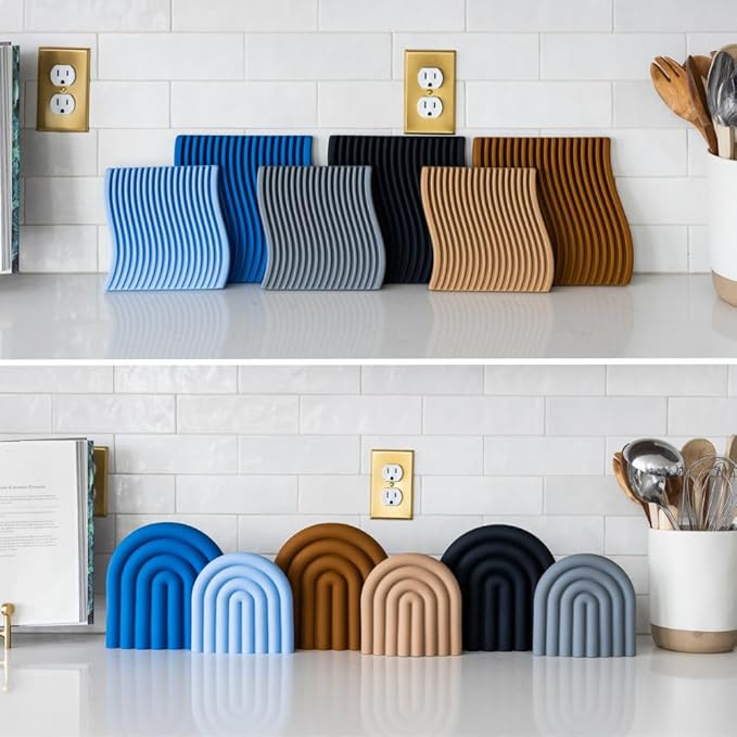 Premium Silicone Trivet Set, Freestanding Bendable Design, Kitchen Decor - Durable & Stylish Heat-Resistant Countertop Protector (Neutral, Set, Wave)