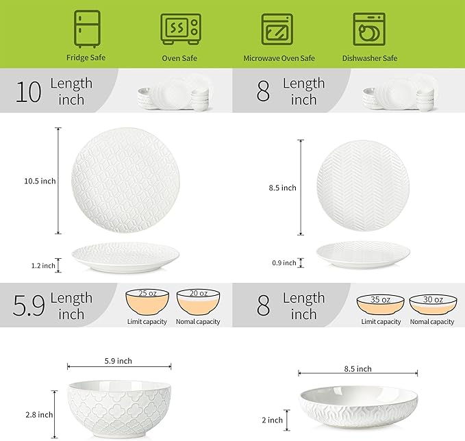 Sureasy Ceramic Dinnerware Set for 4-16 Pieces Embossed Plates and Bowls Sets, Scratch Resistant Dish Set, Microwave, Oven & Dishwasher Safe, White