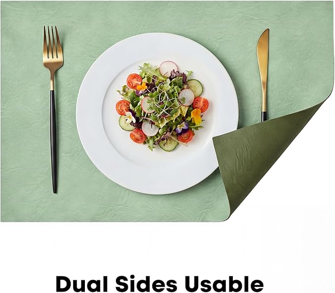 Artoid Mode Sage Faux Leather Placemats Set of 6, 12x18 Inch Waterproof Wipeable Heat Resistant Vinyl Place Mats, Reversible Table Mats for Spring Kitchen Dining Decor