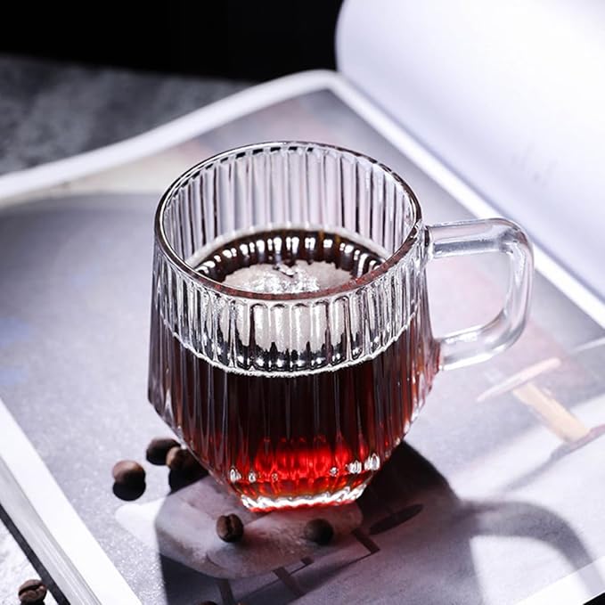 6pcs Ribbed Glass Mugs with Handles, Sturdy Household Water Cups for Coffee, Tea, Beer, and Juice, Creative Reusable Glassware Set for Office and Home Use