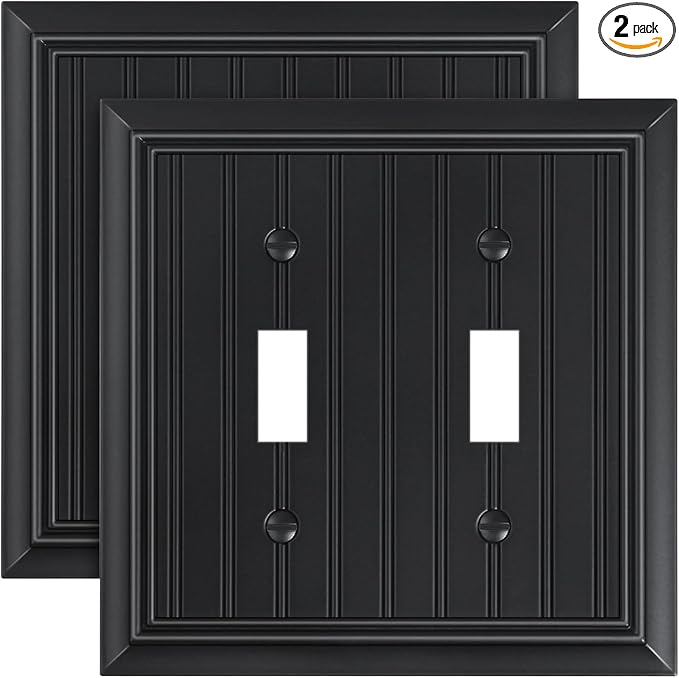 2-Pack Classic Beadboard Double Toggle Light Switch Cover Plate, Durable Natural Bamboo Fiber Decorative Switch Plate Covers, Matte Black 2 Gang Wall Plate