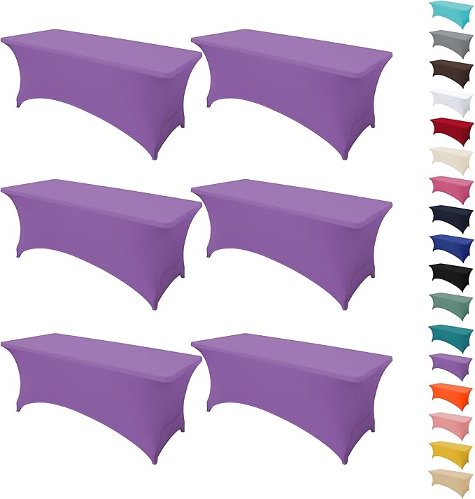 6Pack 8FT Table Cloth for Rectangular Fitted Events Stretch Light Purple Table Covers Washable Spandex Tablecloth Protector for Party, Wedding, Cocktail, Banquet, Festival
