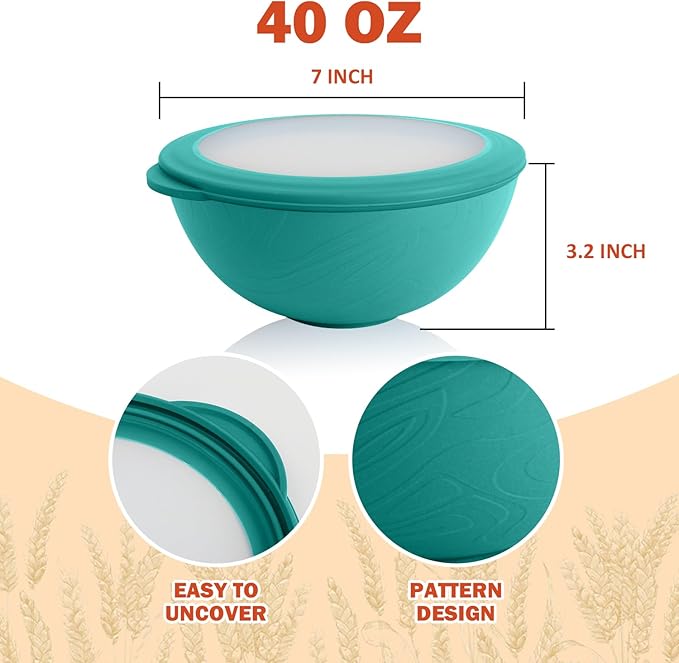 Wrova wheat straw bowls set of 4,40oz unbreakable salad bowl set with cover,alternative plastic bowls with cover for kitchen,party,camping and picnic. Green