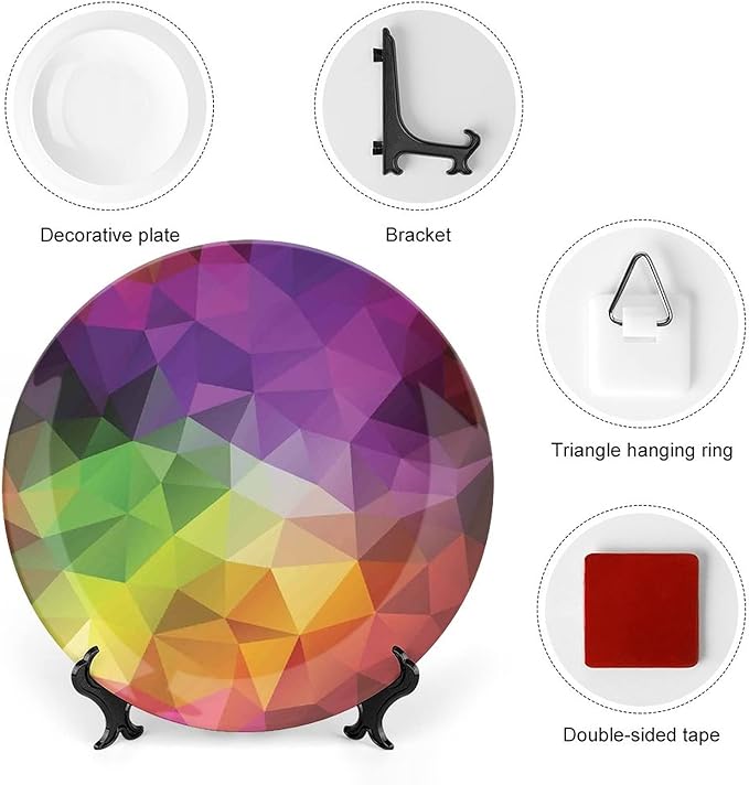 Ceramic Display Plate, Abstract Decor Ceramic Hanging Decorative Plate, Colorful Abstract Geometric Triangular Polygons Creative, 7 Inch, Living Room Kitchen Decoration Household, Multy