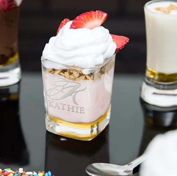 Personalized Square Shot Glasses Set of 50 Pink Bottom 2oz Engraved Initial and Name Custom Gifts, Weddings, Birthdays, Bachelorette Party and Decorations for Women