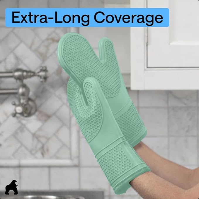 GORILLA GRIP BPA-Free Soft Silicone Oven Mitts, Heat Resistant and Waterproof Cooking Gloves, Thick Cotton Lining, Flexible Gripping for Baking Grilling, Kitchen Potholders Set of 2, 12.5x8.3, Mint