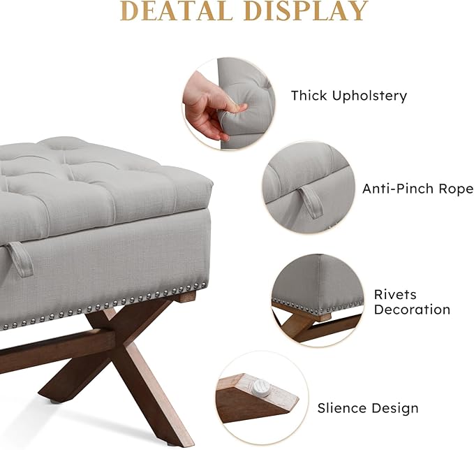 Bonzy Home 36" Tufted Entryway Bench with Storage,French Vintage Bedroom Bench with X-Shaped Legs, Linen Fabric Storage Ottoman Bench for Bedroom Dining Room Living Room Entryway, Gray