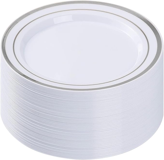 BESTVIP 50PCS Silver Plastic Plates, 10.25 Inch Disposable Dinner Plate Party with Silver Rim, Heavy Duty Disposable Plastic Plates for Christmas, Thanksgiving, Party, Wedding and Birthday