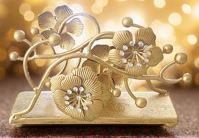 Gold Orchid Blooms Napkin Holder| Exquisite Orchid Flowers & Faux Crystals Design| Vertical Iron Metal Disposable Tissue Paper Towel Tabletop Dispenser Organizer| Bathroom Kitchen Hotel