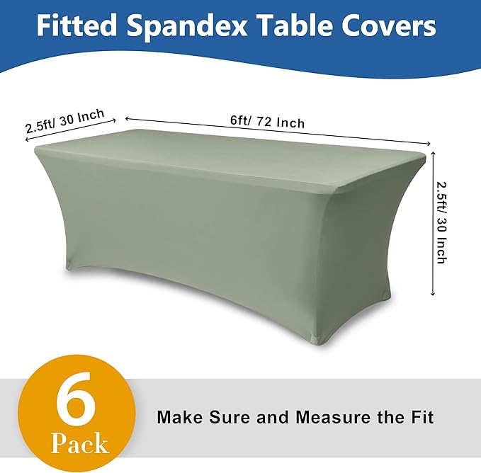 Stretch Table Cover for 6 Foot Rectangle Tables-6 Pack Sage Spandex Fitted Tablecloth-Elastic 6ft Folding Tablecloths for Party, Vendor Booth Display, Banquet Buffet Event, Craft Trade Show