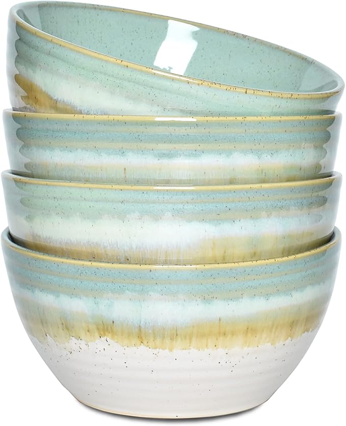 Bosmarlin Ceramic Cereal Bowl Set of 4, 26 Oz, Green Soup Bowl for Oatmeal, Salad, Dishwasher and Microwave Safe, Reactive Glaze (Green, 6 in)