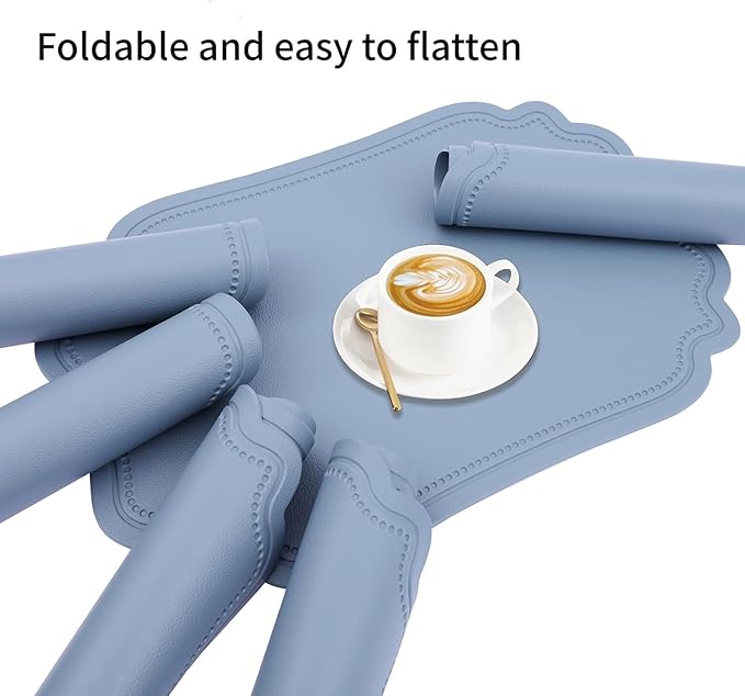 Faux Leather Placemats Set of 6 Waterproof,Blue PU Leather Placemat for Dining Table,Wipeable Eco-Friendly Kitchen Table Mats Heat Resistant Anti Slip Washable,Modern Table Protectors