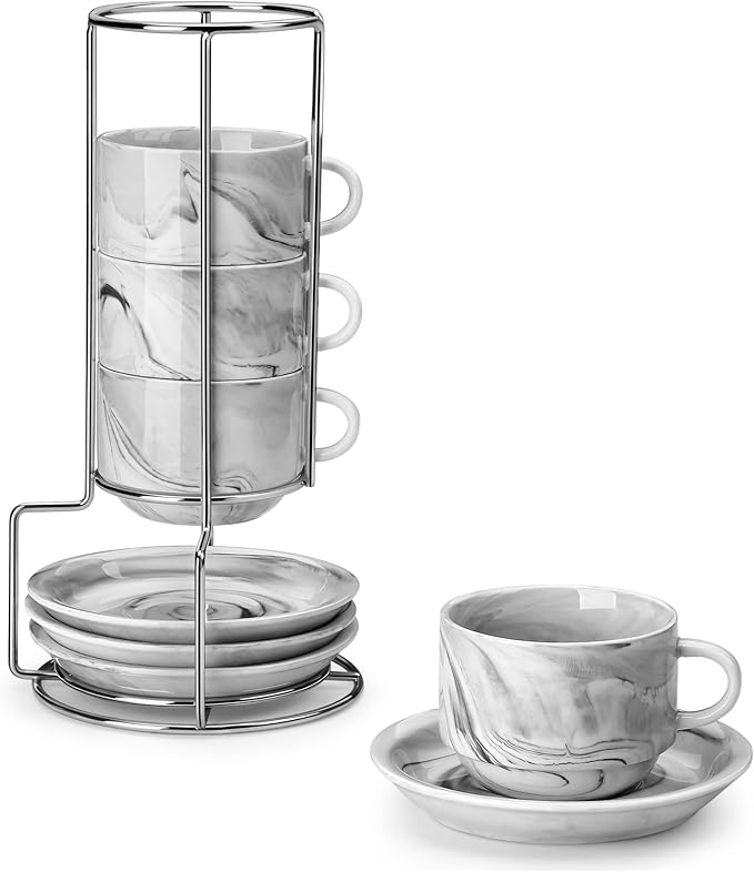 MALACASA 4 OZ Porcelain Espresso Cups with Saucers and Metal Stand Set of 4, Stackable Cappuccino Cups, Marble Gray Expresso Shots Cup Set for Coffee Drinks, Latte, Tea