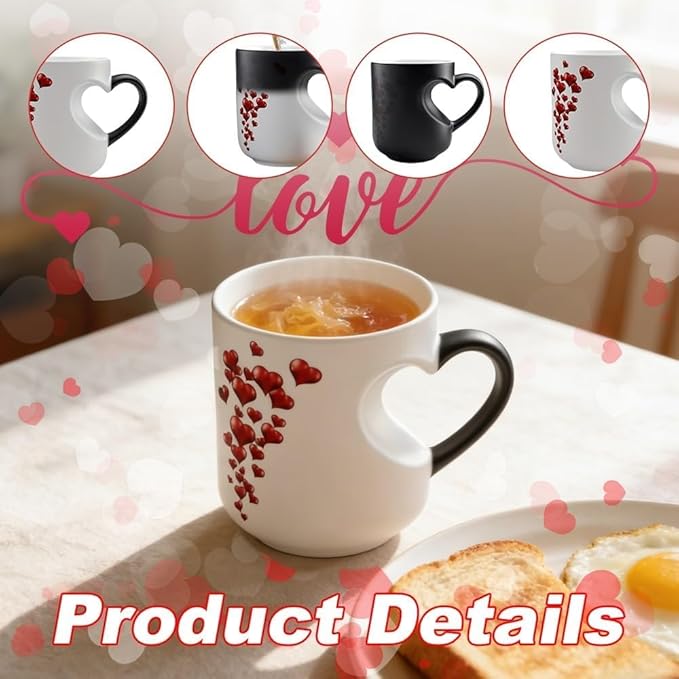 Heart-Shaped Color Changing Magic Ceramic Mug, Funny Heat Sensitive Coffee Cup Reveals Surprise Design with Hot Drinks for Valentine's Day & Anniversaries (1pcs)