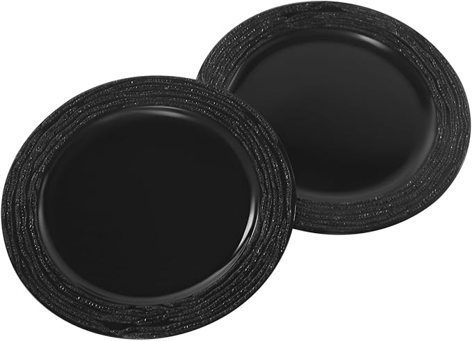 100 PCS Antique Charger Plates Bulk, 13 Inch Round Textured Edge Plastic Dinner Chargers, Bulk Plastic Charger Plates Set for Wedding, Party, Table Decor (Black)