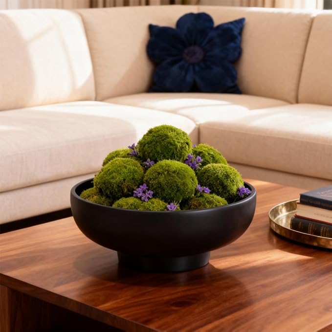 Black Decorative Pedestal Bowl 10.8in, Food Safe Resin Fruit Bowl for Kitchen Counter, Modern Centerpiece Dish for Coffee Table Dining Table, Entryway Key Catchall, Matte Finish