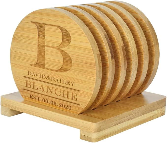 Personalized Bamboo Coasters - Custom Engraved Monogram Coasters with Holder, Great Gifts (Set of 6)