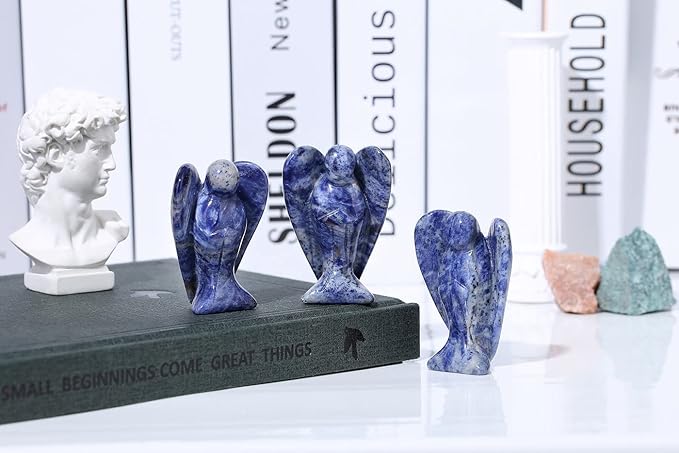 2" Crystal Angel Decor Blue Solidate Healing Polished Gift Stone Sculpture Statue Hand Carved Cute Figurines Gemstone Reiki Home Room Office Desk Decoration Guardian Angels Gifts for Women Men