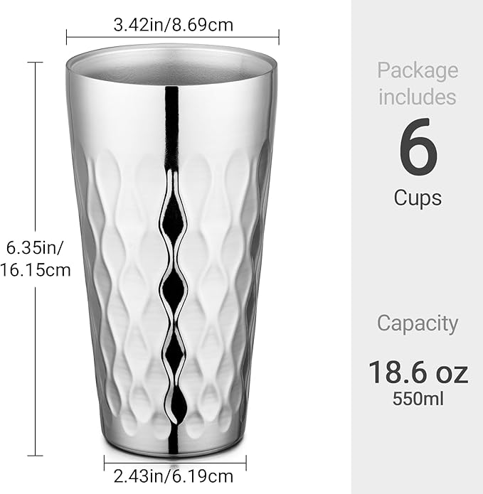 Beasea Stainless Steel Cups 19 oz, 6 Pack Large 18.6oz 550ml Stainless Steel Drinking Cups Tumbler Stackable Double Wall Insulated Individual Metal Pint Glasses Tin for Home Party Camping