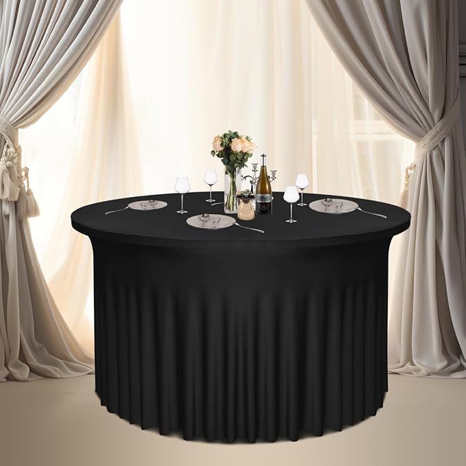 6-Pack 60" Diameter x 30" Height Black Round Table Skirts for 5FT Tables | Wrinkle & Stain Resistant Polyester Spandex Tablecloths with Elastic Fit | Ideal for Weddings, Parties, Banquets, Dining