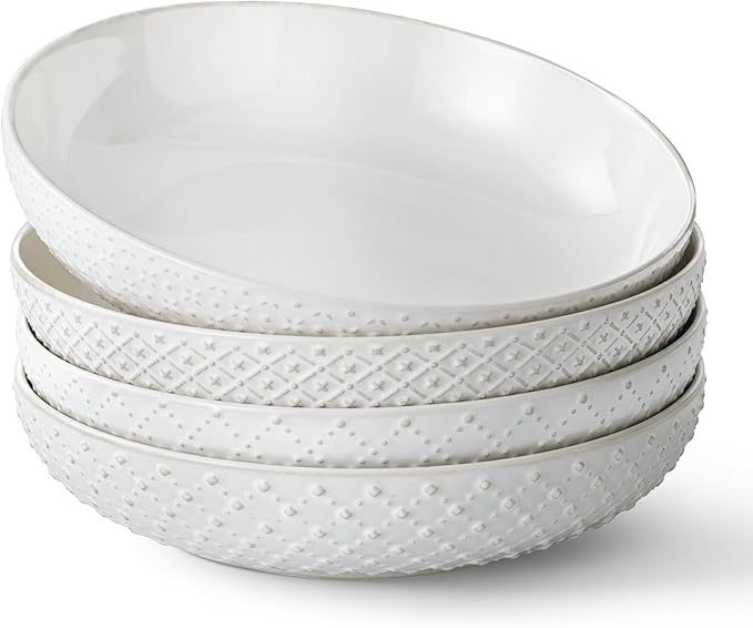 Y YHY 8.5" Pasta Bowls Set of 4, 30 oz Embossed Salad Bowls for Serving Soup, Noodle, Fruit, Dinner, Kitchen Deep Plates, Ceramic Dinnerware Sets, Soft White Dishes for Thanksgiving Day Gifts