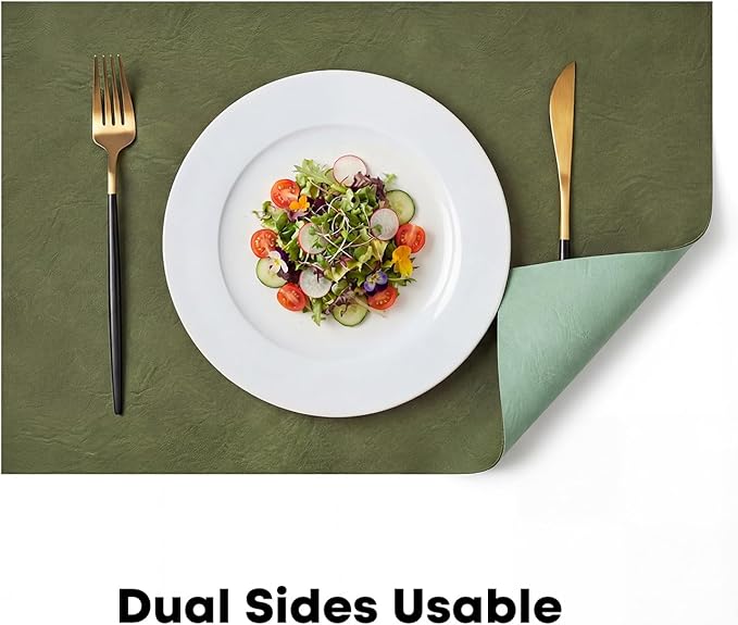 Artoid Mode Olive Green Faux Leather Placemats Set of 4, 12x18 Inch Waterproof Wipeable Heat Resistant Vinyl Place Mats, Reversible Table Mats for Kitchen Dining Decor