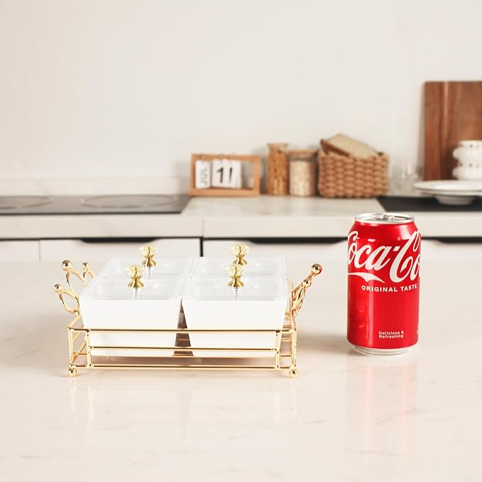 YA JU Ceramic Bowls and with Lid Gold Basket Trays, 4 Removable Small Bowls Condiment Trays Nut Serving Set for Snacks, Fruits, Candy and Condiments - Great for Parties, Holiday Gifts,White