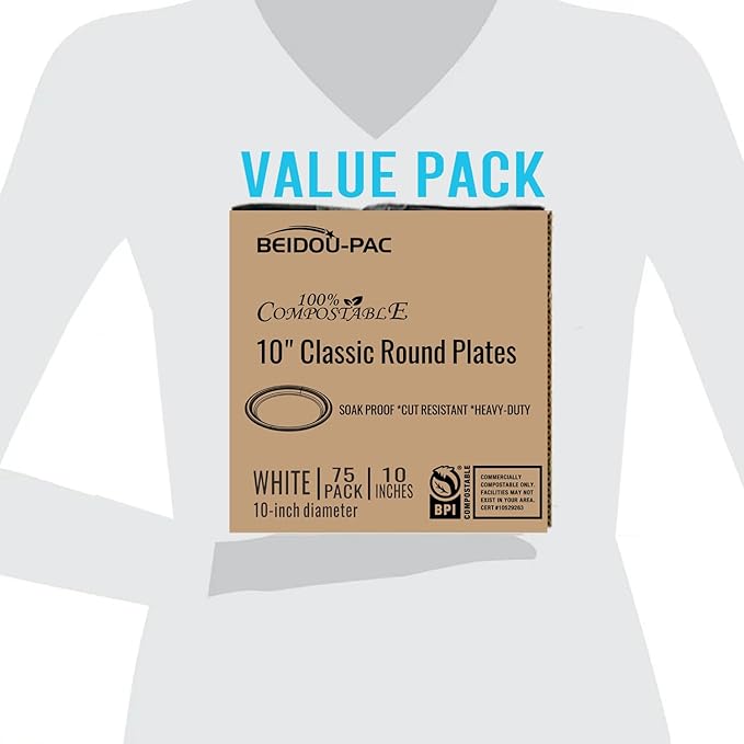 Compostable Heavy Duty Disposable Paper Plates, 75 Count | 10 Inch Round | Natural Bagasse, White Biodegradable Eco-Friendly Sugarcane BBQ, Party, Gathering, Picnic Sugarcane Tray