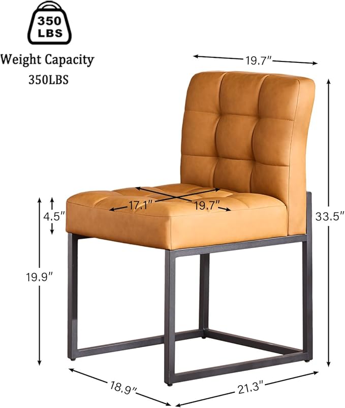 Brown Faux Leather Dining Chairs Set of 4, Mid-Century Modern Dining Room Chairs with Armless, Checkered Kitchen Chair with Metal Legs