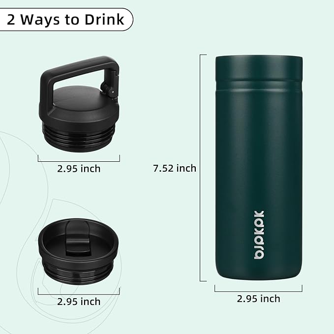 BJPKPK Insulated Water Bottle with 2 Lids,20 oz Double Wall Stainless Steel Vacuum Tumbler Travel Coffee Mug,Wide Mouth Thermal Cup,Dark Green