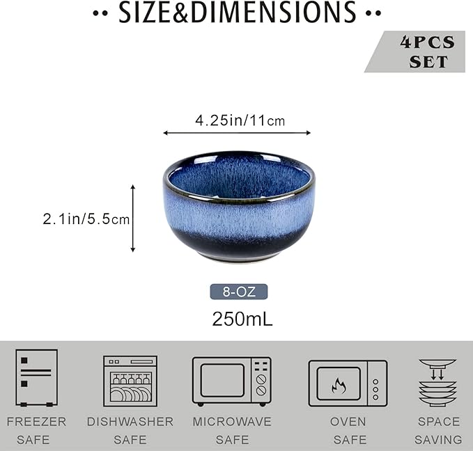 UNICASA Ceramic 8 oz Small Bowls Set, Porcelain Dessert Bowls Set of 4, Porcelain Reactive Glaze Bowls for Ice Cream, Snack, Dipping, Serving Bowls, Dishwasher & Microwave Safe, Blue