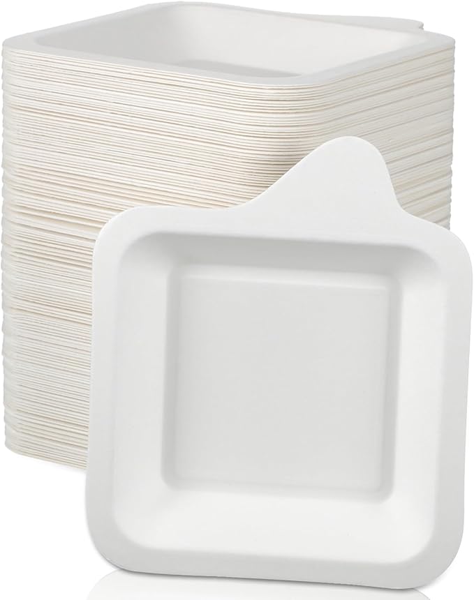 Remerry 100 Pcs Small 4 Inch Paper Plates Bulk Disposable Plates Paper White Square Dessert Cake Party Snack Sugarcane Bagasse Fiber Wedding Birthday Dinner Graduation Pet Feeding (4.41 x 5.24 Inch)