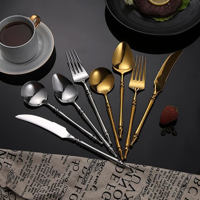 Gold Silverware Set for 14 Premium 18/10 Stainless Steel Flatware Set 56 Piece Include Knives Forks and Spoons Cutlery Utensils Light Luxury Vintage Style for Home Kitchen Christmas Restaurant