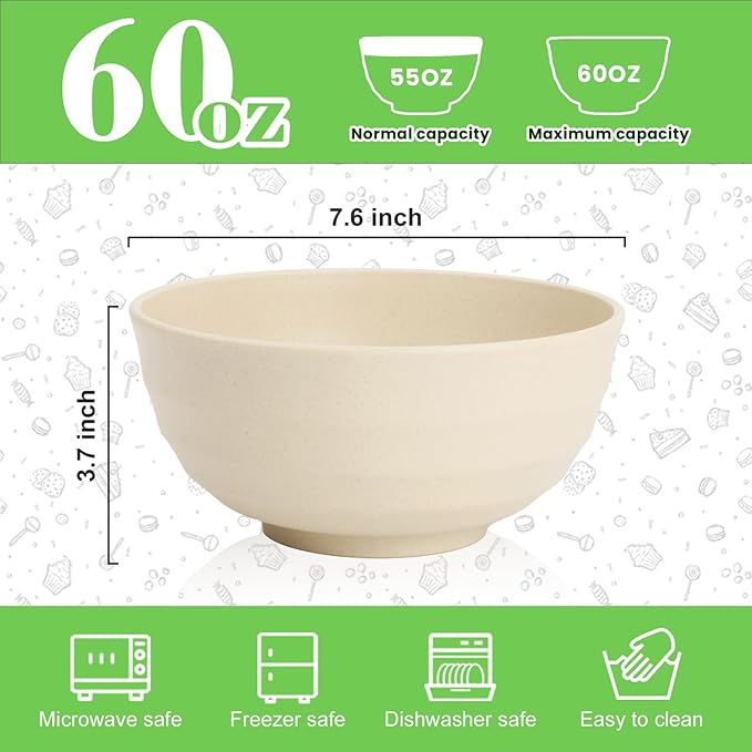 Large Wheat Straw Bowls Set of 6, 60 OZ Unbreakable Serving Bowls, Microwave Safe & Dishwasher Safe, Perfect for Salad, Fruit, Cereal, Soup, Ramen, Family Meals, Beige