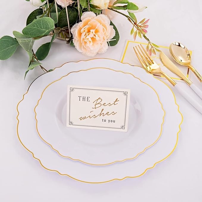 WDF 30Guest Gold Plastic Plates - High-end Baroque Design - 10.25&7.5in Wedding White and Gold Plates Disposable for Parties/Wedding/Valentine's Day