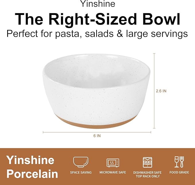 Cereal Bowls Set of 4,Ceramic Bowls for Kitchen,6 Inch Stoneware Bowls, Round Porcelain Pasta Bowl,Dishwasher&Microwave Safe,White(Brown Bottom)