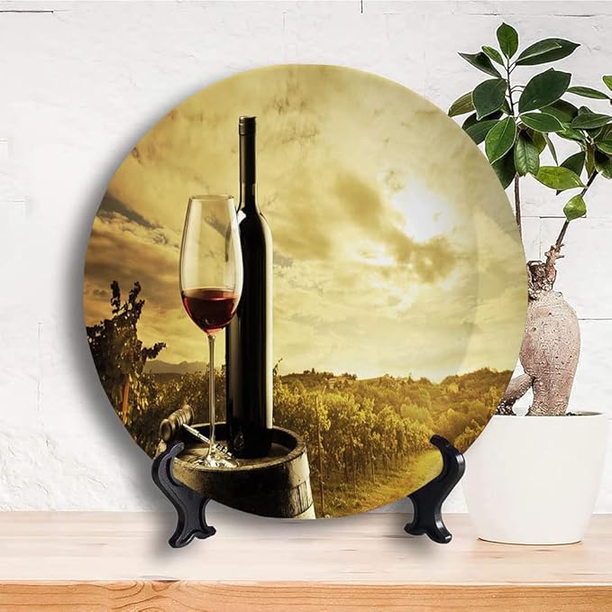 Ceramic Display Plate, Wine Ceramic Hanging Decorative Plate, Red Wine Bottle and Glass on Wooden Barrel, 7 Inch, Household Custom Ceramic Plate, Light Coffee Green Black