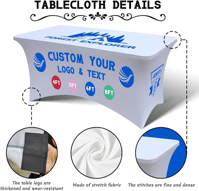 Personalized Table Cloth with Logo Image Customized Tablecloth 4FT/5FT/6FT/8FT Spandex Customized Table Cover Promotional Business Tradeshow Events Birthday Party Wedding (4FT Spandex(Closed back))
