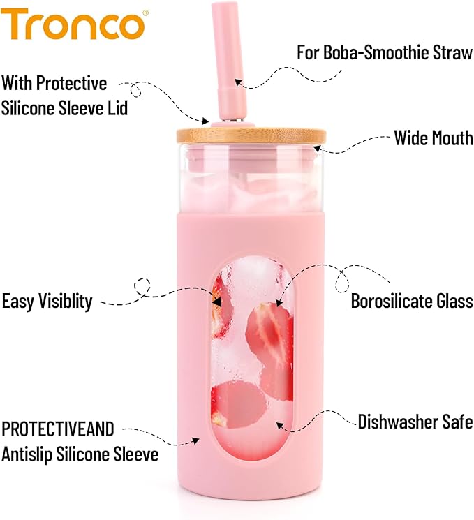 Tronco 20oz Glass Tumbler with Bamboo Lid and Straw, Glass Cup For Boba,Iced Coffee,Smoothie, Spill Proof Glass Water Bottle With Silicone Protective Sleeve, Dishwasher Safe,BPA Free