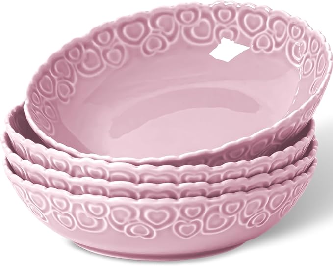HOMBENE Heartbeat Pasta Bowls Set of 4, 40oz, Porcelain Wide and Shallow, Soup, Pasta, Noodle, Dinner, Large Salad Bowls Soup Bowl for Kitchen, Microwave & Dishwasher Safe (Dreamy Sakura Pink)