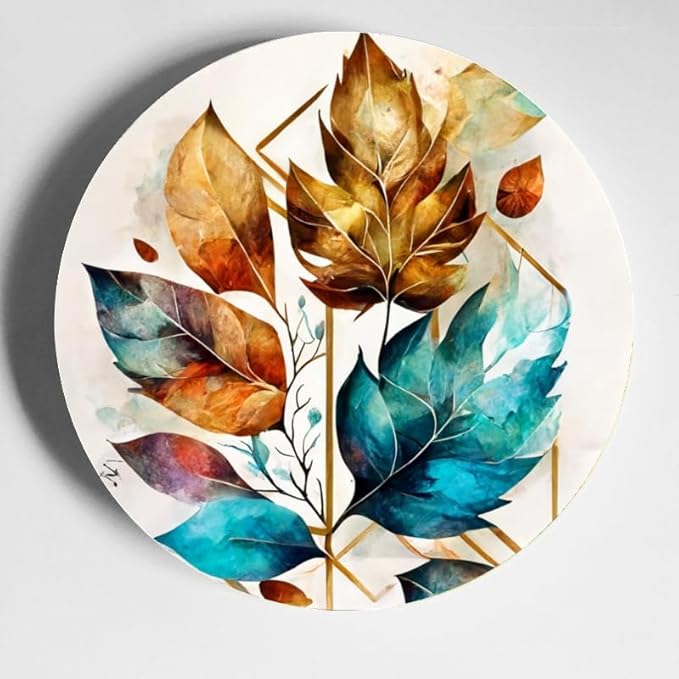 Floral Leaves Plant Ceramic Display Plate 10-inch Round, Home Decor with Stand & Hook DP-208374381