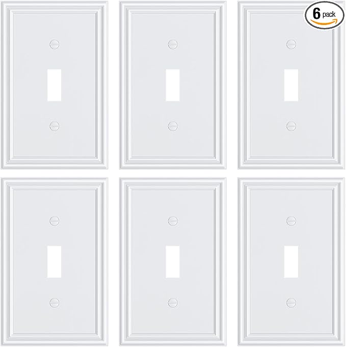 6-Pack Single Toggle Light Switch Cover Plate, Durable Solid Zinc Alloy Decorative Switch Plate Covers, White 1 Gang Wall Plate, Corrosion Resistant