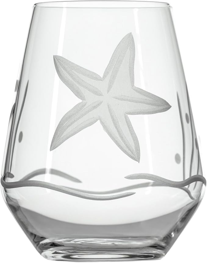 Rolf Glass Starfish stemless wine glass tumbler 18 ounce - Set of 4 - Engraved Lead-Free Glass - Made in ths US