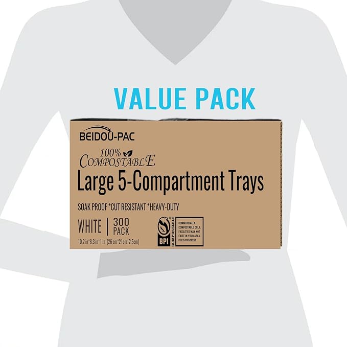 5 Compartment Compostable Heavy Duty Disposable Paper Plates, 300 Count | 10.3" X 8.3" | Natural Bagasse, White Biodegradable Eco-Friendly School Lunch, Buffet, Party Sugarcane Tray